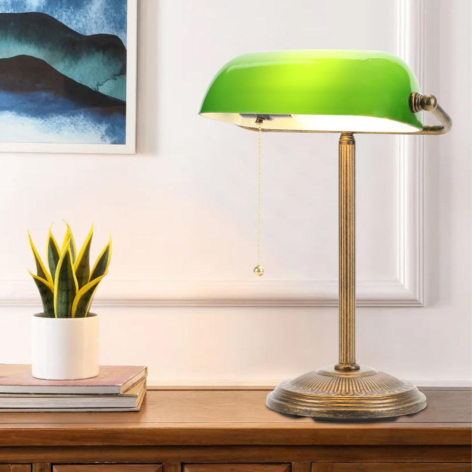 NISSAFORS bankers desk lamp with green glass shade delivers focused reading light.