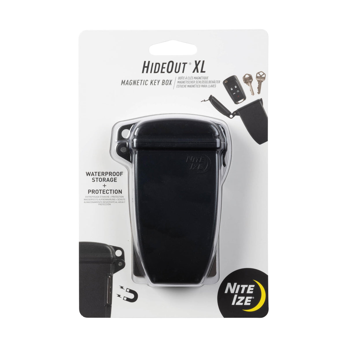 Nite Ize Hideout magnetic key box on a metal surface for secure storage.