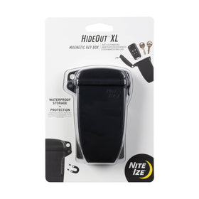 Nite Ize Hideout magnetic key box on a metal surface for secure storage.