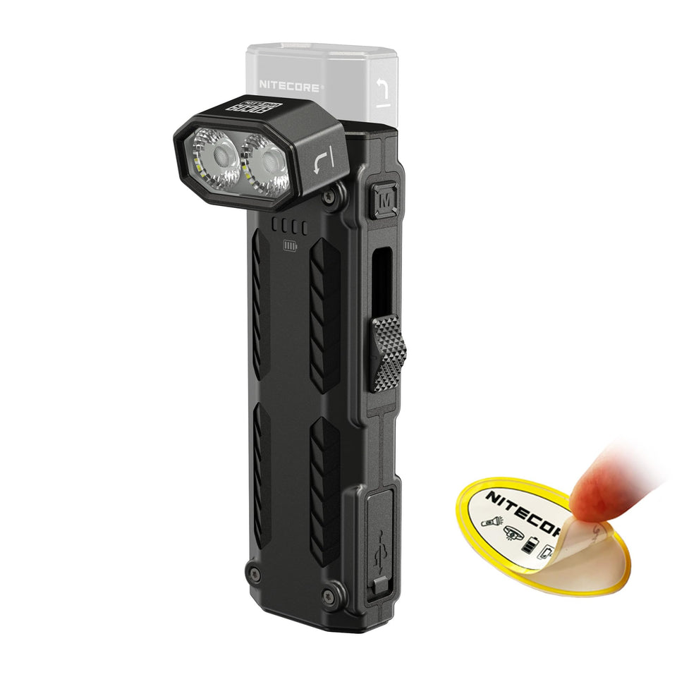 Nitecore EDC09 1600-lumen beam illuminating a dark workspace for work and emergencies.