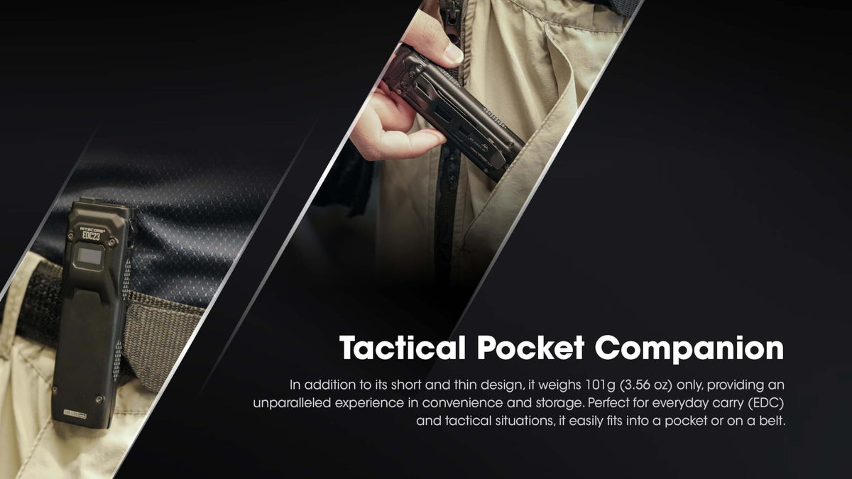 Nitecore EDC23 dual tail switches enable fast mode changes.