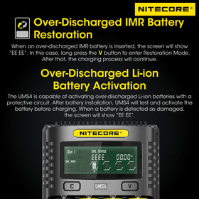 NITECORE UMS4 supports Li-ion, LiFePO4, NiMH, NiCd for versatile charging.