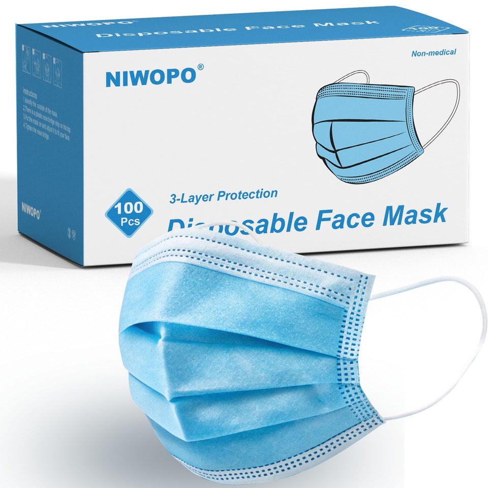 NIWOPO disposable mask 100 pack in blue box illustrating daily protection