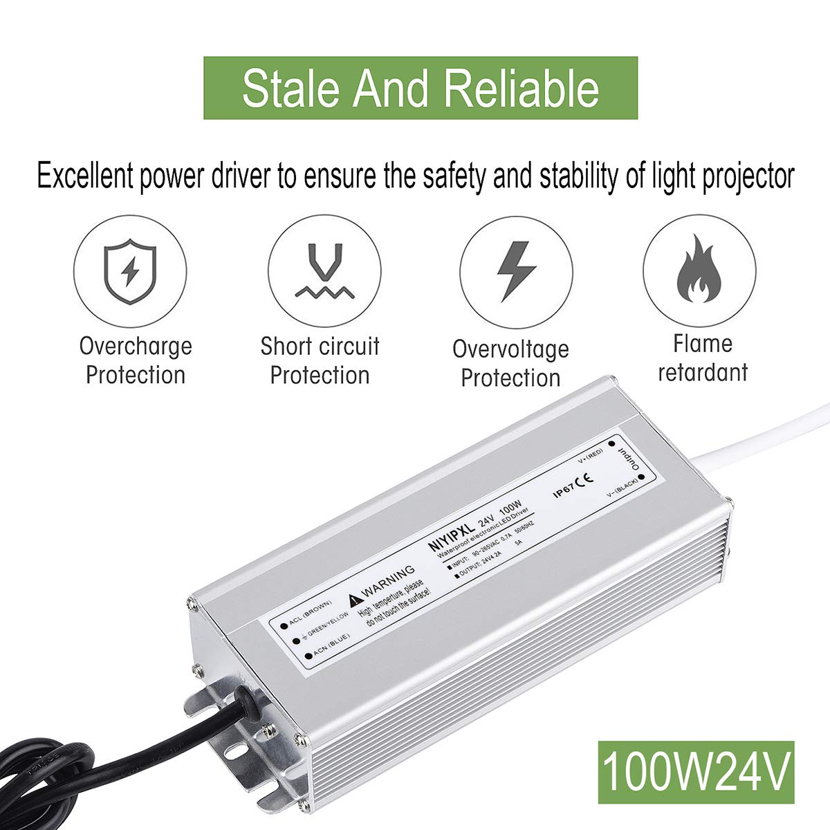 NIYIPXL LED Driver 24V DC output with 3-prong plug for versatile wiring