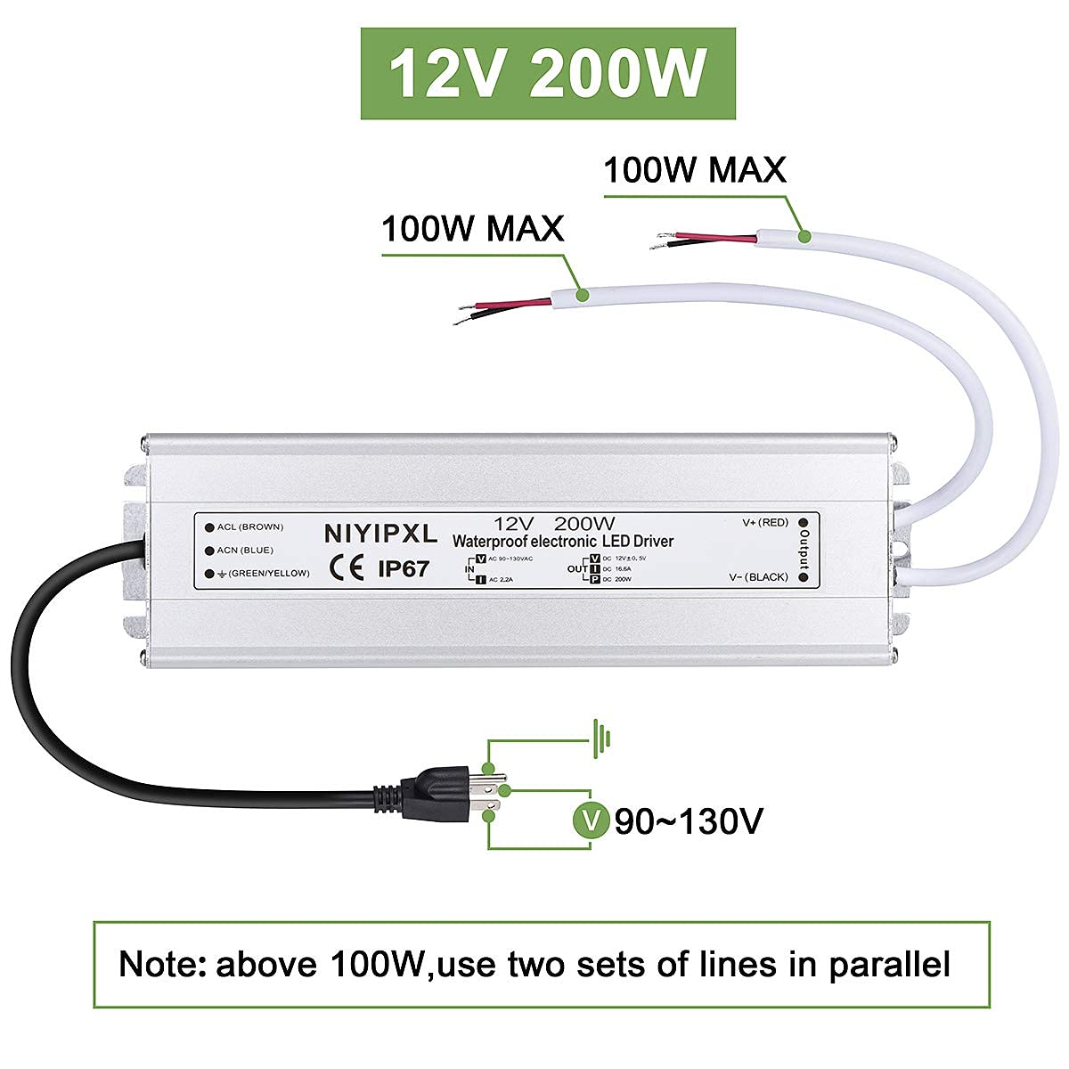 NIYIPXL LED Driver with 3-prong plug and 3.3ft cable for easy setup