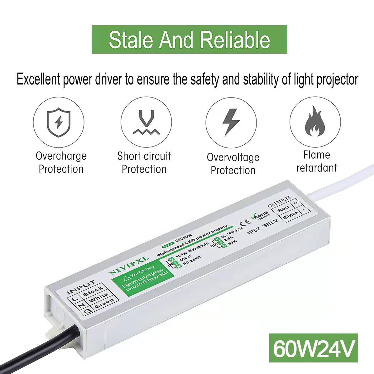 NIYIPXL 24V DC output showcasing stable lighting power for LED strips