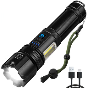 NJ FOREVER rechargeable flashlight front view with powerful beam for wide-area illumination