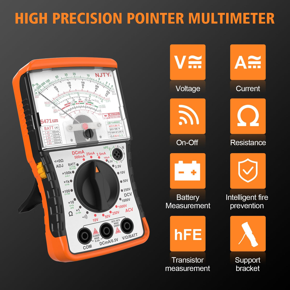 NJTY S471 transistor testing with built-in hFE evaluation