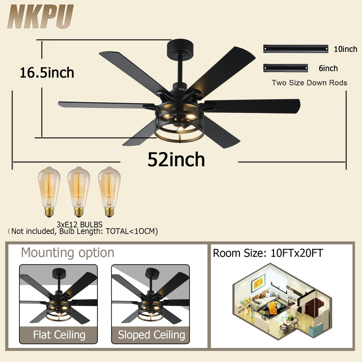 NKPU black industrial caged ceiling fan combines bold style with efficient airflow.