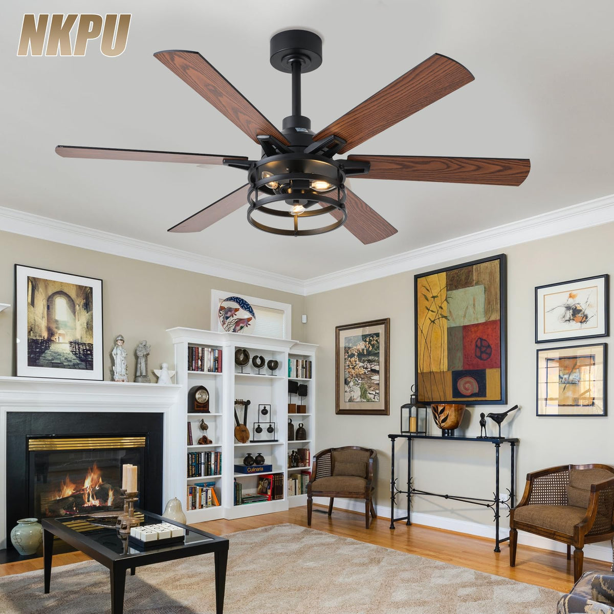 NKPU brown industrial caged fan design enhances rustic spaces.