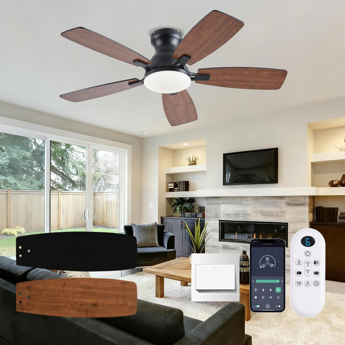 NKPU ceiling fan with lights shown with remote control for convenient adjustments.