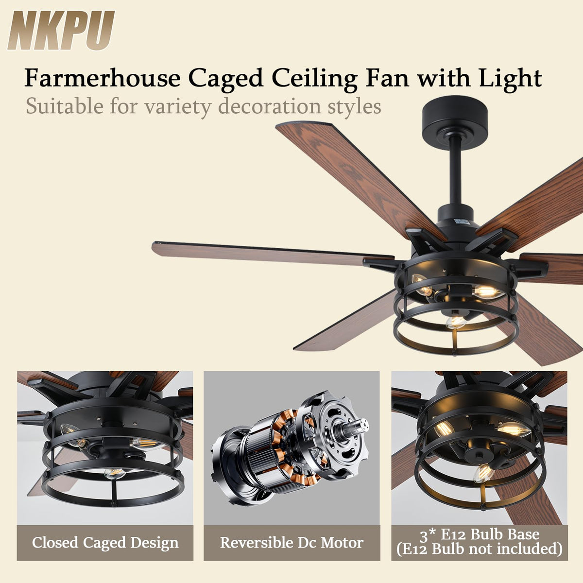 NKPU three E12 bulb bases for customizable lighting (bulbs not included).