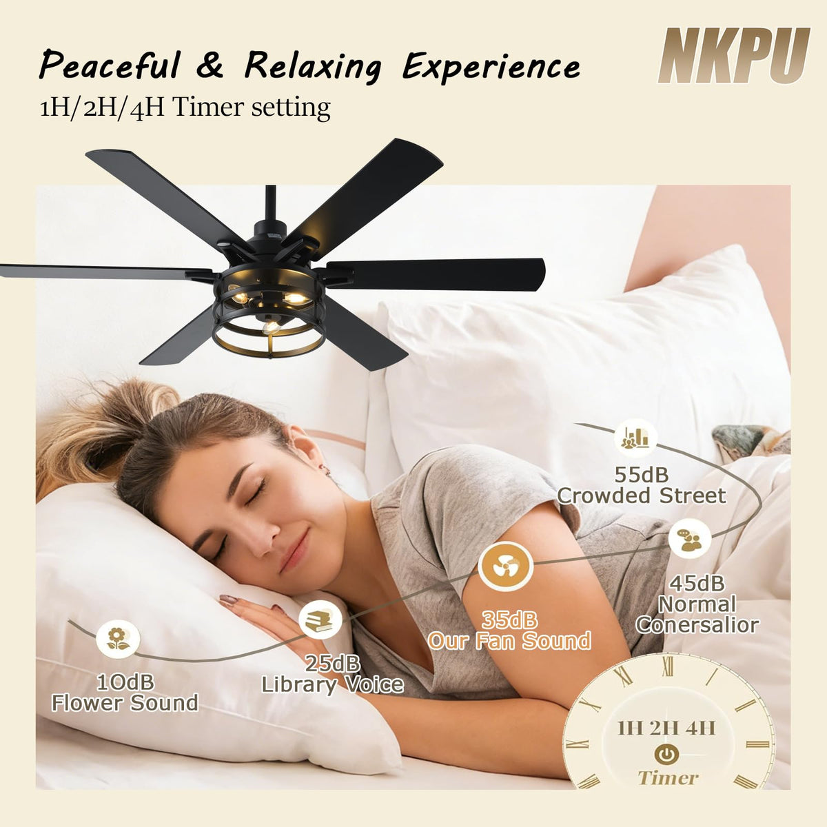 NKPU rustic ceiling fan creates focal lighting and cooling for living rooms and covered patios.