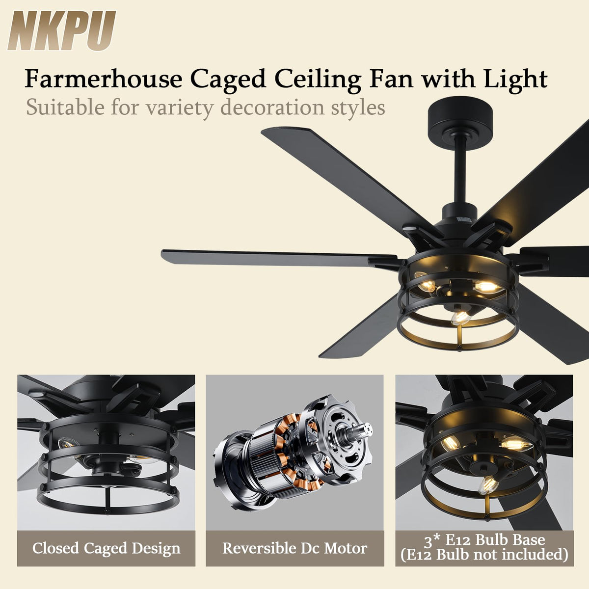 NKPU two-downrod ceiling fan supports 6-inch and 10-inch options for flexible installation.