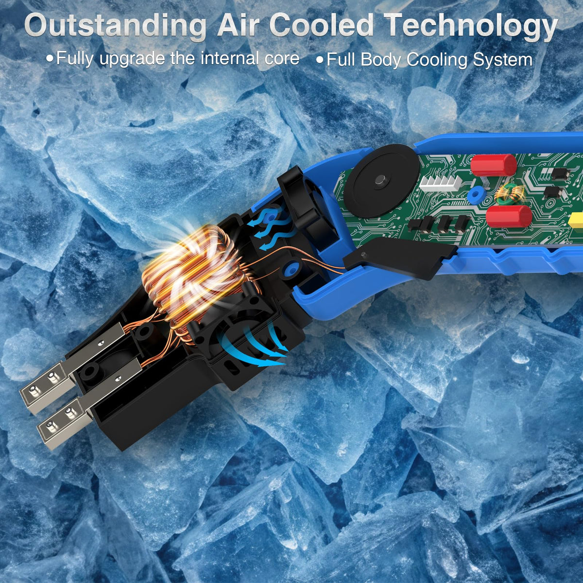 NLBFOU Air-cooled technology illustration highlighting dual fans for longer continuous work.
