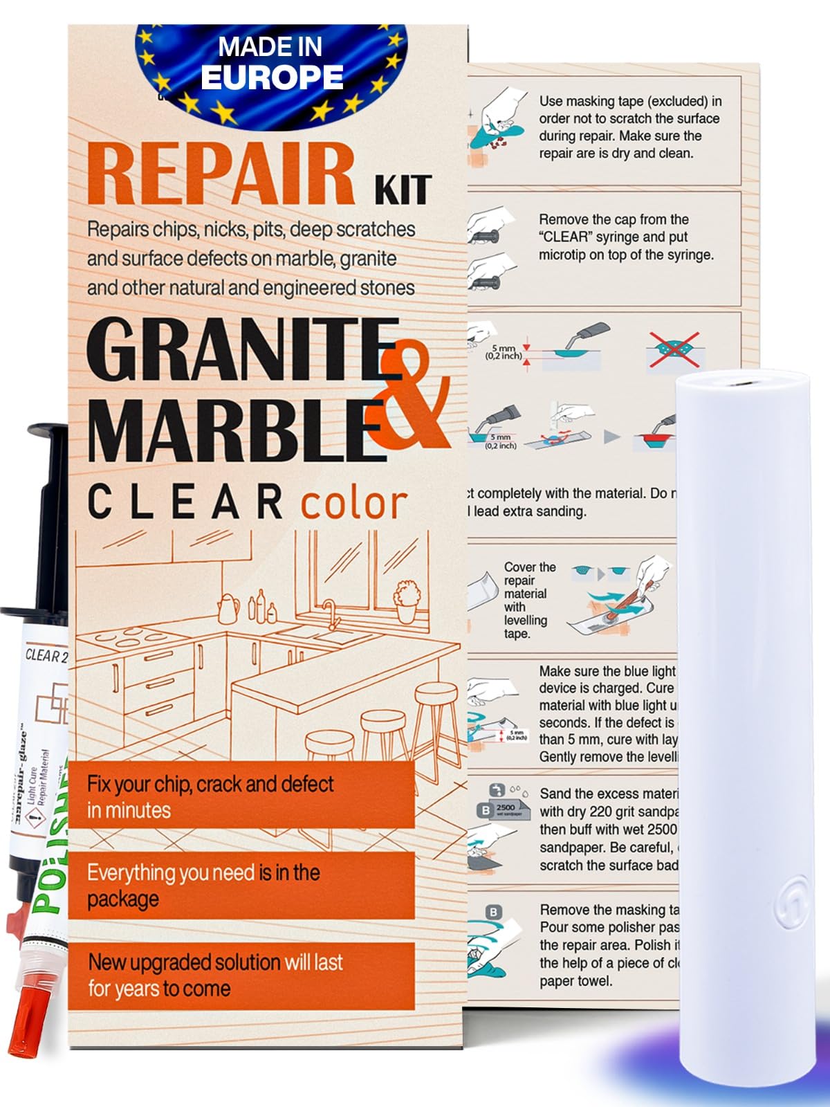 NNREPAIR Granite Repair Kit clear color demonstrates seamless chip repair on granite countertops.