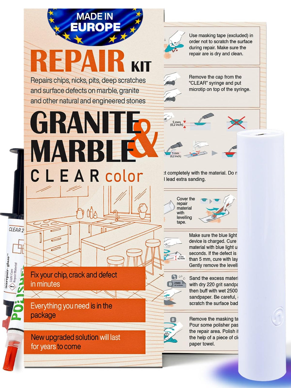 NNREPAIR Granite Repair Kit clear color demonstrates seamless chip repair on granite countertops.