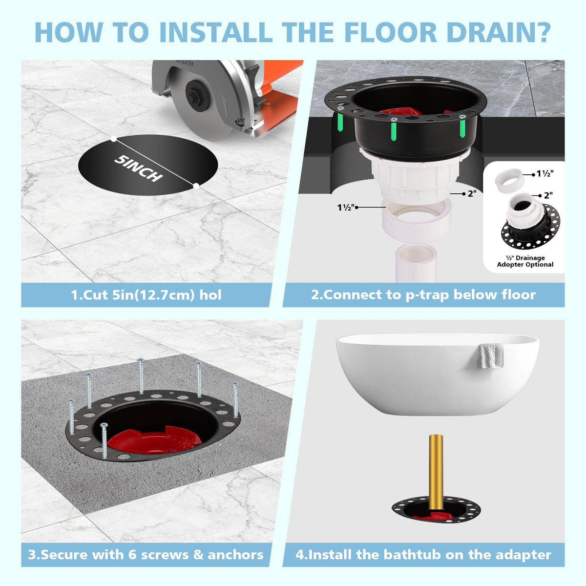 Noarixa drain rough-in kit PVC adapter enables quick, clean connections