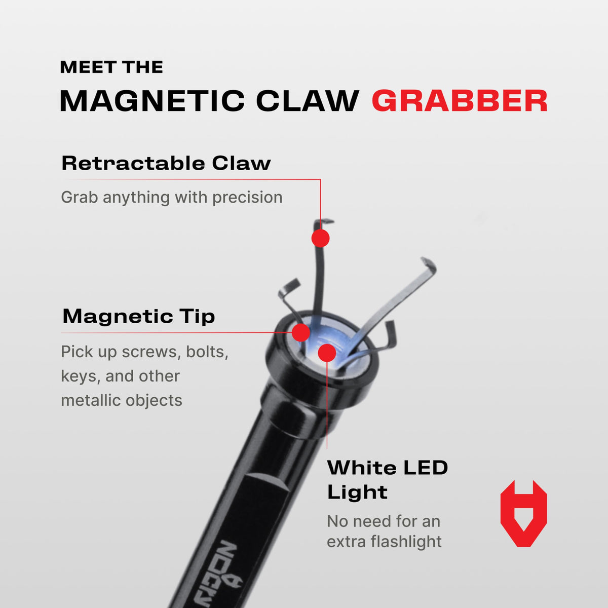 NoCry 4-finger retractable claw close-up showing secure grip on items