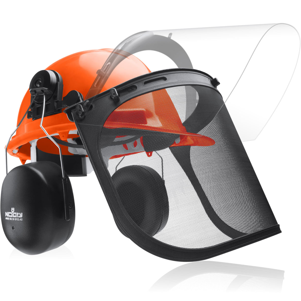 NoCry 6-in-1 helmet with hard hat and mesh visor for safe forestry work.