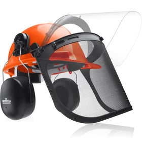 NoCry 6-in-1 helmet with hard hat and mesh visor for safe forestry work.