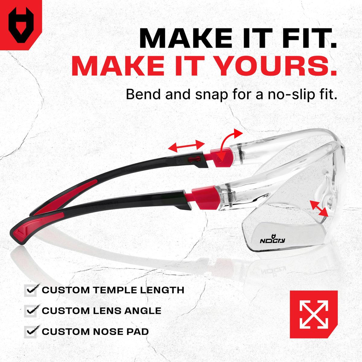 NoCry adjustable temples and soft nose pad for a customized fit