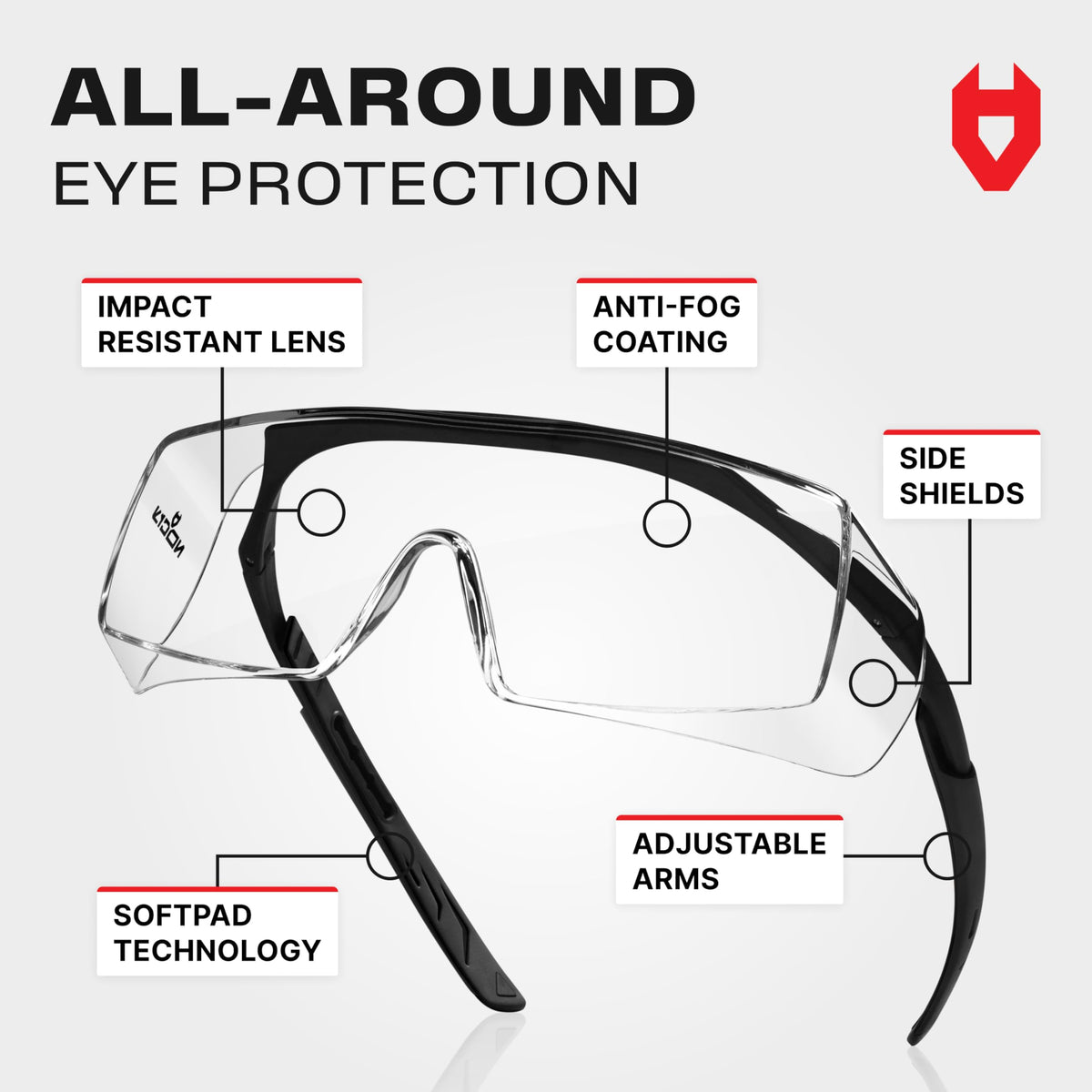 NoCry adjustable temples improve fit for most faces and all-day comfort.