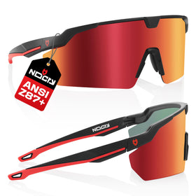 NoCry ANSI Z87 sunglasses with Red Revo lens reduce outdoor glare and enhance contrast.