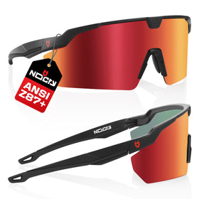 NoCry ANSI Z87 sunglasses with red Revo mirrored lens for glare reduction and UV protection