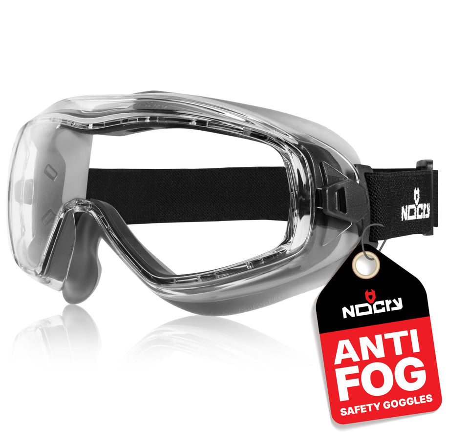NoCry anti fog safety goggles with wraparound lenses for clear peripheral vision during lab tasks.
