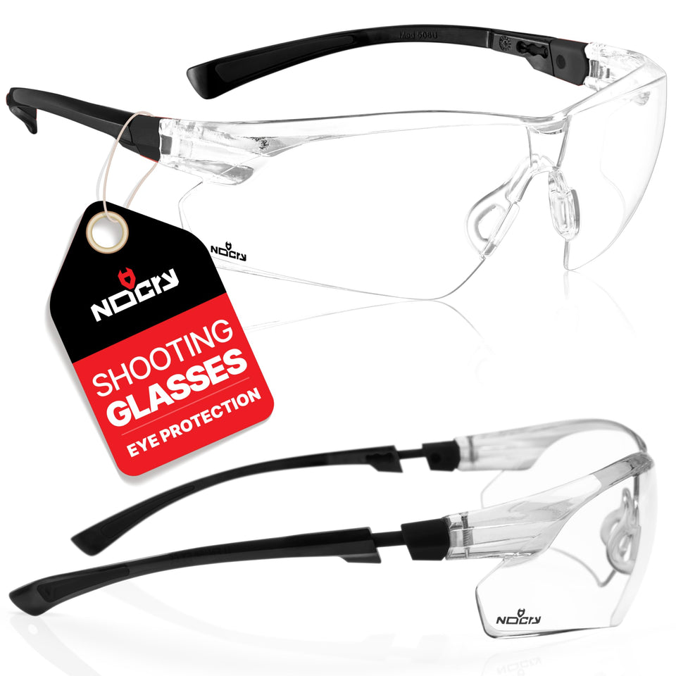 NoCry clear shooting glasses with wraparound design for full eye protection