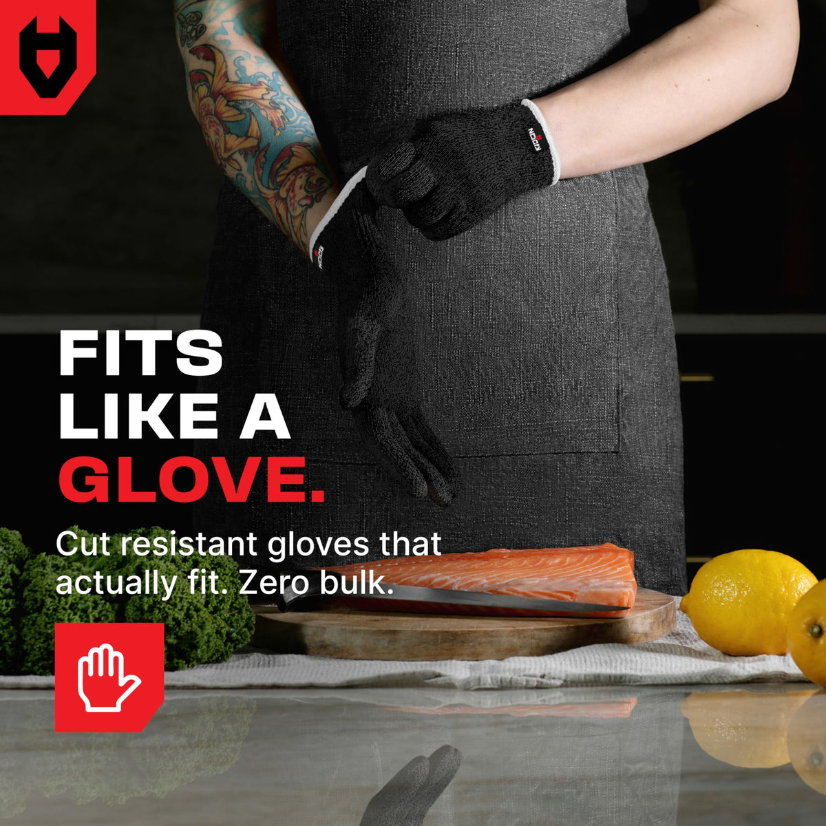NoCry gloves protect hands while slicing vegetables to prevent nicks.