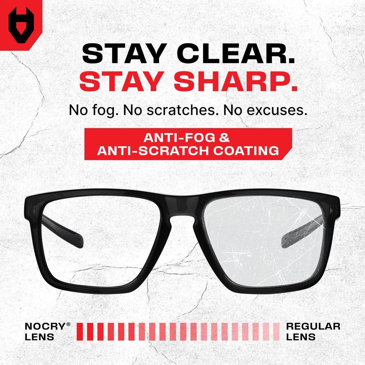 NoCry durable polycarbonate lenses resist scratches for reliable protection.