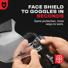 NoCry shield worn over glasses demonstrating comfortable fit with wide lens