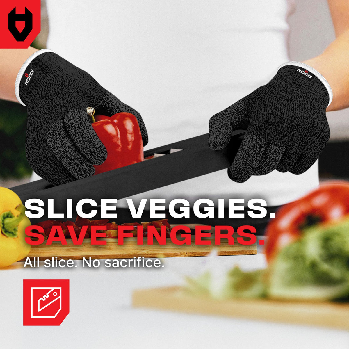 NoCry food-grade kitchen gloves protect hands during slicing, dicing, and shredding