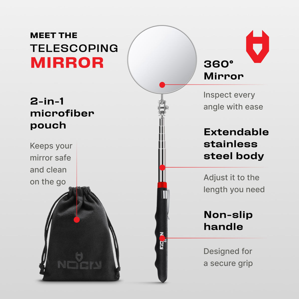 NoCry inspection mirror offers 360° view with reinforced ball joint for precise angles.