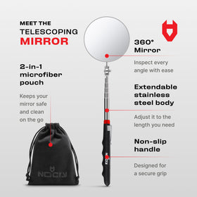 NoCry inspection mirror offers 360° view with reinforced ball joint for precise angles.