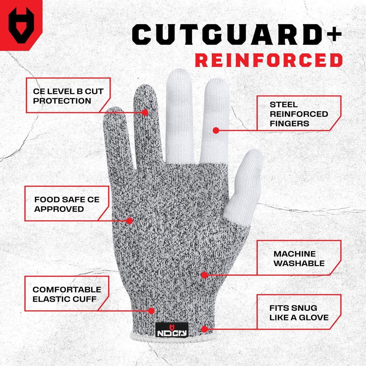 NoCry Level 5 cut resistance gloves protect hands during heavy slicing tasks.
