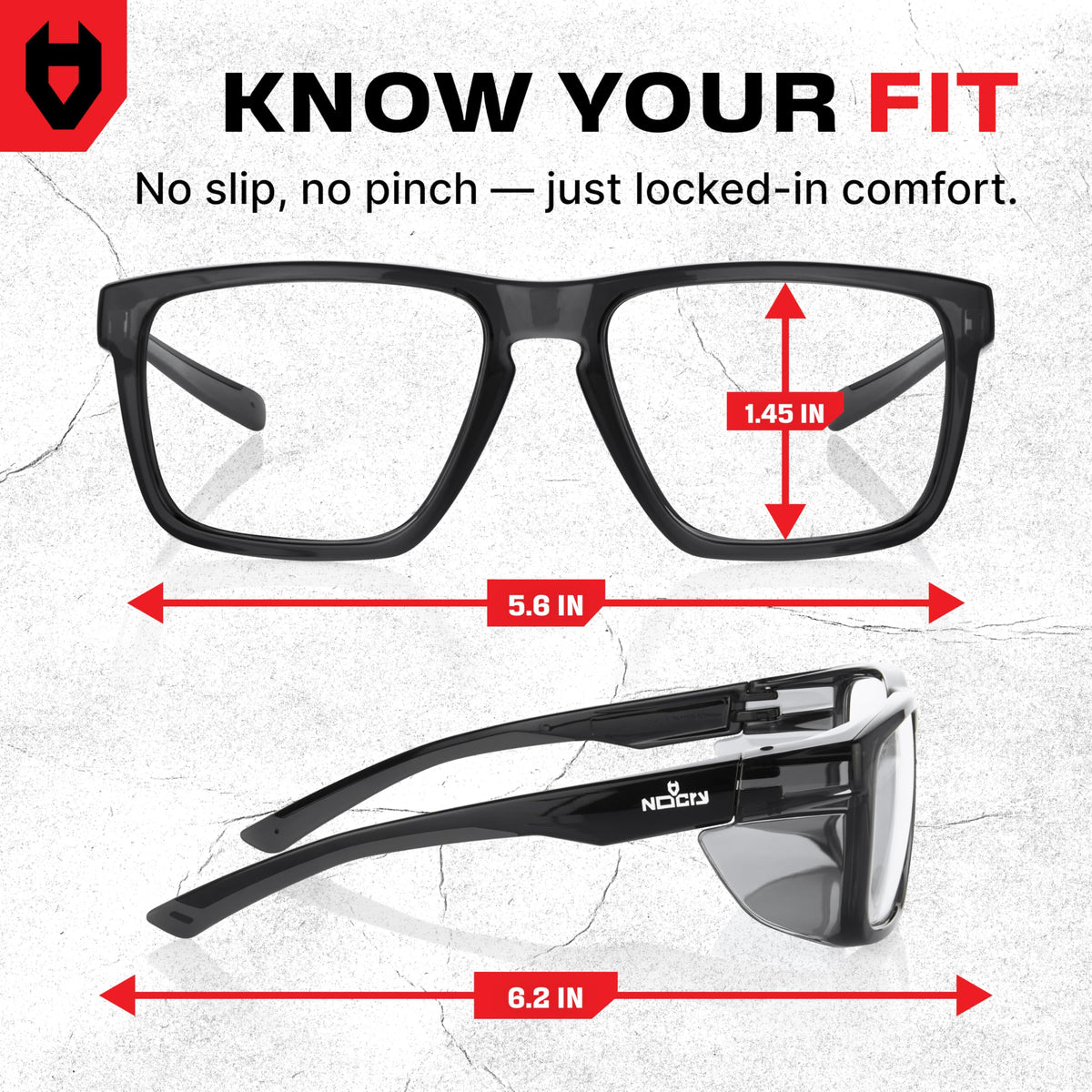NoCry lightweight frame and slip-resistant temples for extended wear.
