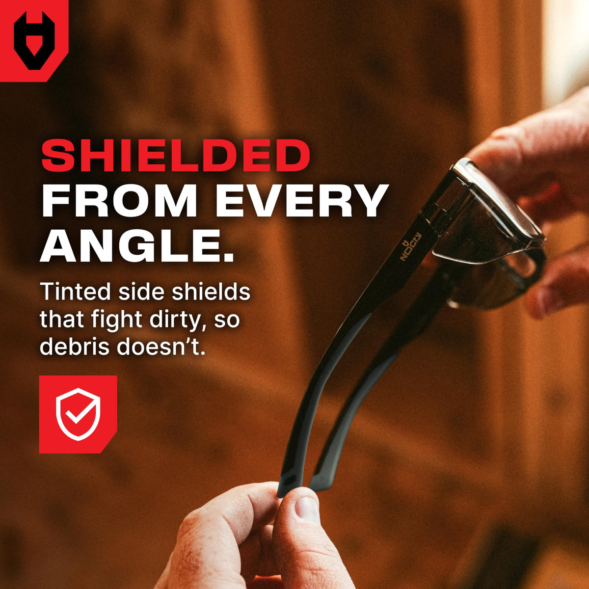 NoCry safety glasses featuring a durable metal-free hinge design for long-lasting use.