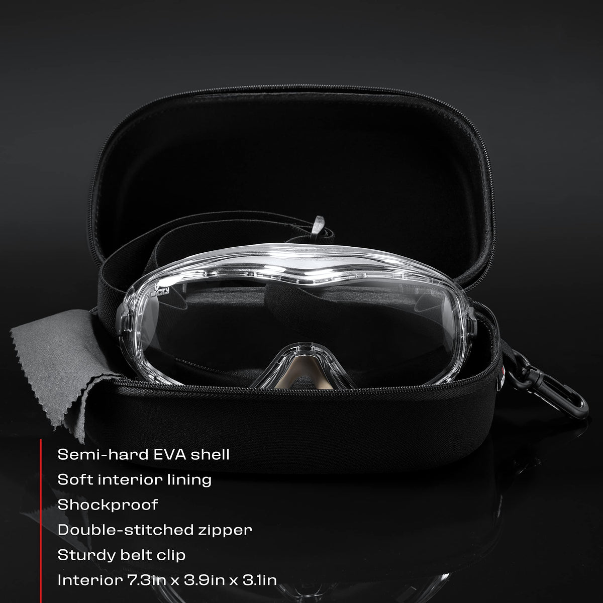 NoCry goggle case interior view reveals soft lining and scratch-free storage