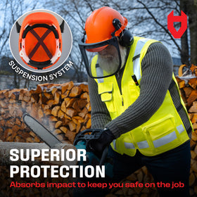NoCry face shield rotates to block wind and brush during tree work.