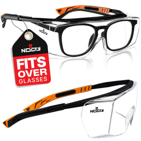 NoCry safety glasses over eyeglasses with anti-scratch lenses for clear prescription protection.