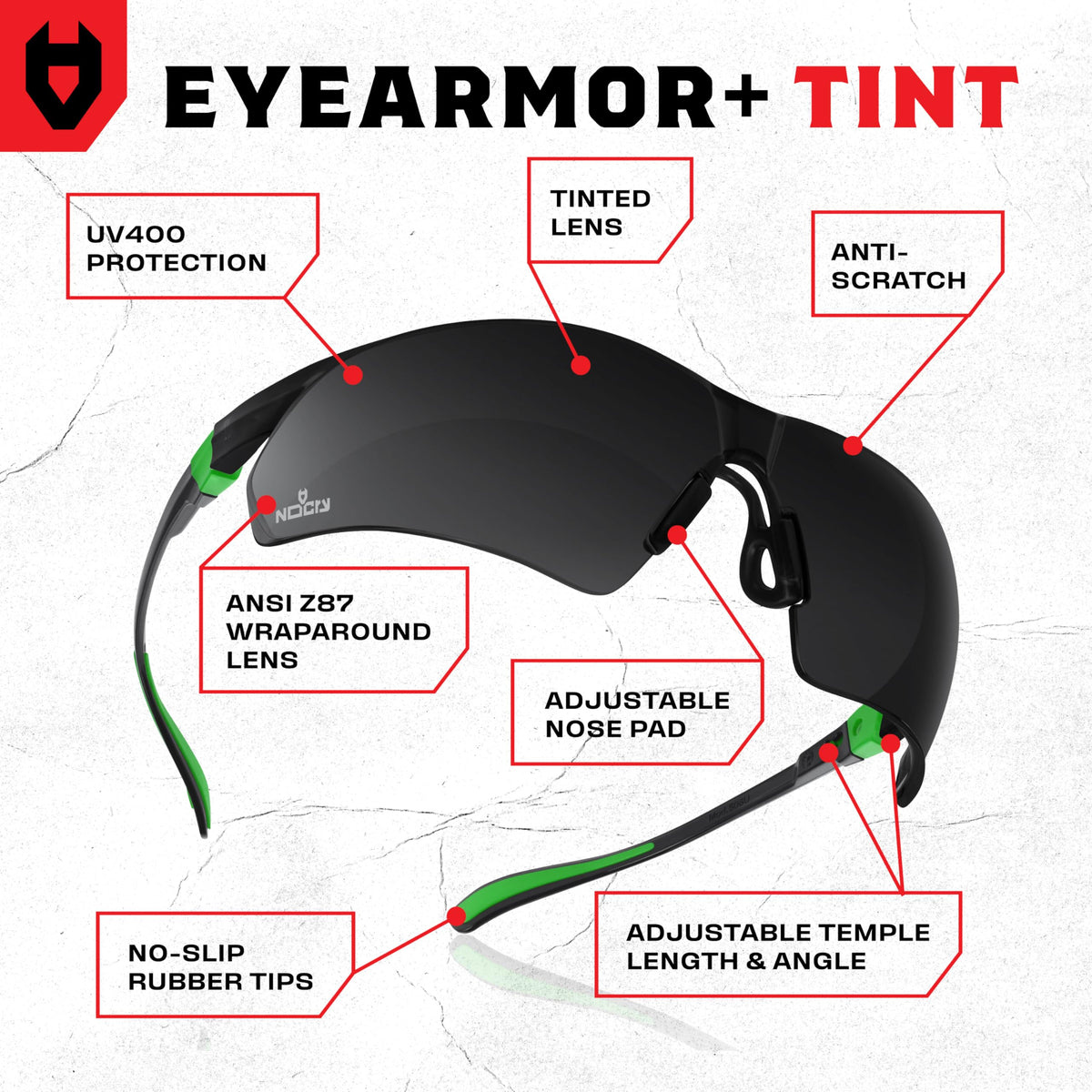 NoCry safety sunglasses with adjustable arms for a customized, comfortable fit.