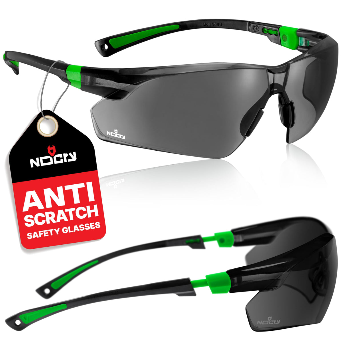 NoCry safety sunglasses with green-tinted wraparound lenses for all-day eye protection.