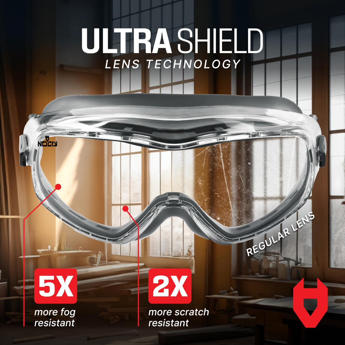 NoCry lenses with scratch resistant coating for durable daily use in labs and workshops.