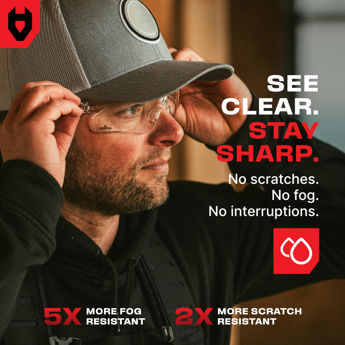 NoCry lenses resist scratches for long-lasting clarity during work tasks