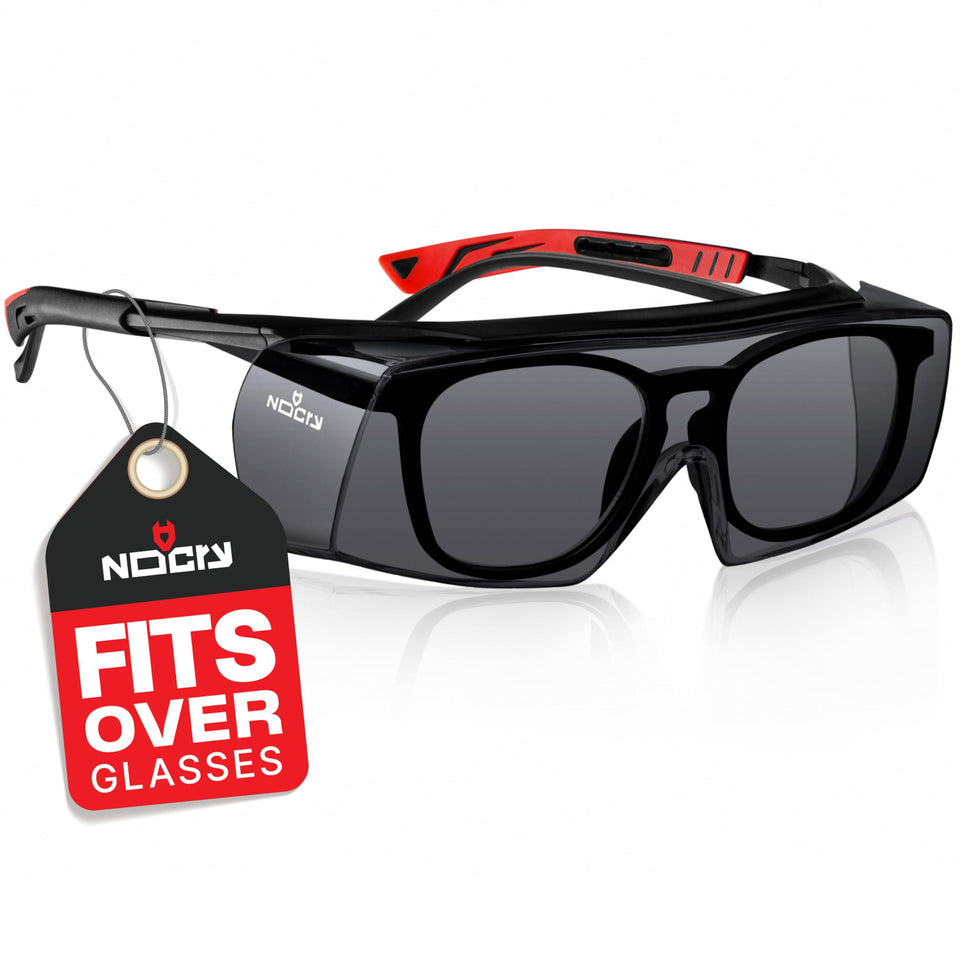 NoCry tinted safety glasses over prescription glasses with comfortable, secure fit