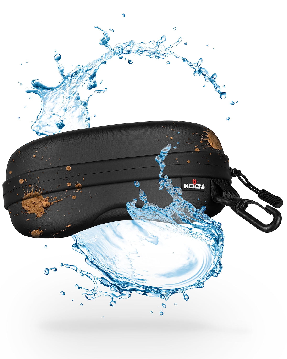 NoCry water-resistant sunglasses case with clip shown for outdoor use.