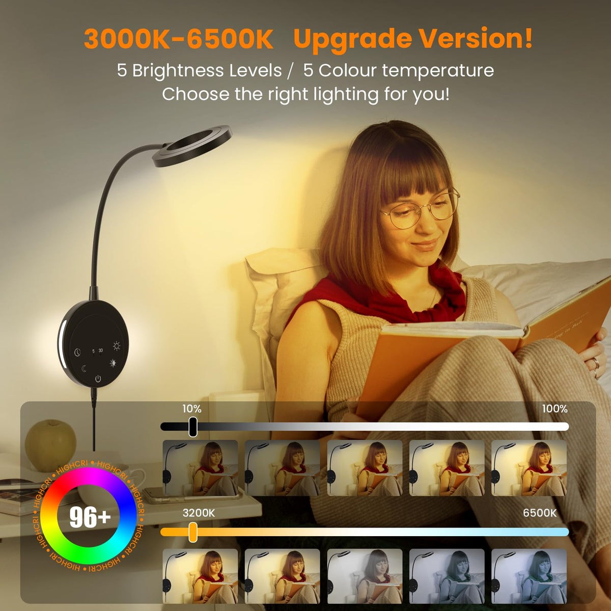NoeiiT wall-mounted reading light 360-degree gooseneck enables precise lighting direction.